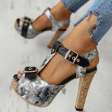 Amozae Flower Print Peep Toe Platform Chunky Heels