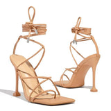 Amozae Around-The-Ankle Lace-Up Closure Open Squared Toe Heels