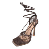 Amozae Fishnet Squared Toe Lace Up Heels