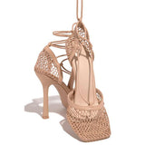 Amozae Fishnet Squared Toe Lace Up Heels