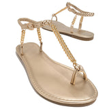 Amozae Gold-Tone Chain Braided Ankle Strap Toe Loop Sandals