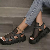 Amozae Rhinestone Hollow-Out Velcro Solid Color Platform Sandals