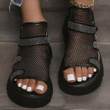 Amozae Rhinestone Hollow-Out Velcro Solid Color Platform Sandals