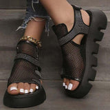 Amozae Rhinestone Hollow-Out Velcro Solid Color Platform Sandals