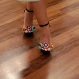 Amozae Colorful 3D Flowers Snake Embossed Ankle Strap Heels