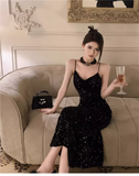 Amozae-dress to impress party dress nye outfits Black Sequins Party Dress  YM1227