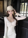 Amozae-dress to impress party dress nye outfits Off-white Round Neck Long-Sleeved Dress Lace Slim Mermaid Dress YM1815