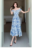 Amozae-dress to impress party dress nye outfits Women's summer blue oil painting floral dress YM1159