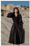 Amozae-dress to impress party dress nye outfits Knitted patchwork black v-neck long-sleeved dress  YM1137