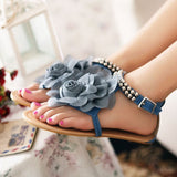 Amozae 3D Flower String Beads Ankle Straps Flat Sandals