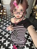 Amozae-Y2k Punk Sexy Women Clothing Gothic Stripe Streetwear Pink One shoulder Kawaii Skulls Aesthetic T Shirts 2000s Grunge Crop Top