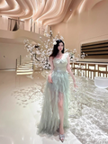 Amozae-dress to impress party dress nye outfits Light Green Brithday Dress Irregular Tulle Prom Dress With Train YM1641