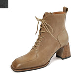 Amozae-Retro Leather Square Toe Chunky Heels Short Boots Women 2023 Autumn and Winter New Genuine Cow Leather Lace-up High-heeled Shoes