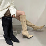 Amozae-Vintage Women Pointed Toe Western Knee-High Boots Warm Short Plush Long Booties High Heels Stripper Shoes Botas Mujer-Platform boots