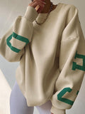 Amozae-Fall Outfits -Oversized varsity sweatshirt with green letter graphic- Streetwear y2k outfits Fall Outfits Christmas Thanksgiving Gift New Year's Eve