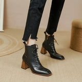 Amozae-Retro Leather Square Toe Chunky Heels Short Boots Women 2023 Autumn and Winter New Genuine Cow Leather Lace-up High-heeled Shoes