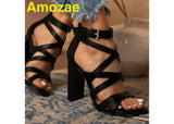 Amozae Ankle Adjustable Gold-Tone Buckle Chunky Heels Black / 5