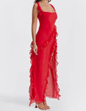Amozae-nye outfits back to school dress  Ariela Cherry Ruffle Maxi Dress