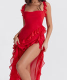 Amozae-nye outfits back to school dress  Ariela Cherry Ruffle Maxi Dress