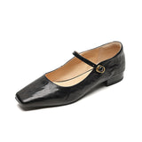 Amozae-Women Vintage Square Toe Flat Heels Sheepskin Shoes Office Ladies Belt Buckle Chunky Heels Retro Mary Janes Pumps Outdoor Wear
