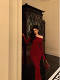 Amozae-dress to impress party dress nye outfits Red Off Shoulder Knit Dress Party Dress YM1669