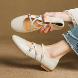 Amozae-Women Flat Heels Genuine Leather Shoes Summer Fashion Mary Jane Shoes Ladies Round Toe Belt Buckle Classic Casual Pumps