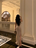 Amozae-dress to impress party dress nye outfits Classy Suspender Dress Slit Satin Champagne Long Party Dress YM1675
