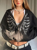 Amozae-Fall Outfits -Black hoodie with zipper and rhinestone skull- Streetwear y2k outfits Fall Outfits Christmas Thanksgiving Gift New Year's Eve