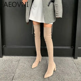 Amozae-Winter Woman Over the Knee High Boots Fashion Slip On Sock Long Boots Shoes Ladies Elegant Square Heel Women's Footwear-Platform boots