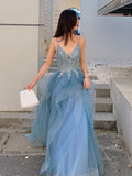 Amozae-nye outfits back to school dress  Beaded Lace Applique Multilayered Tulle Maxi Dress