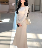 Amozae-nye outfits back to school dress  Bell Sleeve Ruched Satin Mermaid Dress