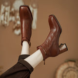 Amozae-Women Genuine Cow Leather High Heel Elegant Style Short Boots Office Ladies Pointed Toe Chunky Heels Zip Belt Buckle Ankle Boots