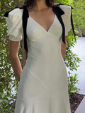 Amozae-nye outfits back to school dress  Bias Dress With Velvet Ribbon Bow Details