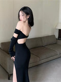 Amozae-nye outfits back to school dress  Black Off-Shoulder High Slit Sheath Dress