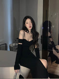 Amozae-nye outfits back to school dress  Black Off-Shoulder High Slit Sheath Dress