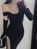Amozae-nye outfits back to school dress  Black Off-Shoulder High Slit Sheath Dress