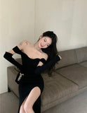 Amozae-nye outfits back to school dress  Black Off-Shoulder High Slit Sheath Dress