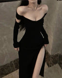 Amozae-nye outfits back to school dress  Black Off-Shoulder High Slit Sheath Dress