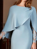 Amozae-nye outfits back to school dress  Blue Cape Lace Sleeve Maxi Dress