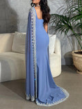 Amozae-nye outfits back to school dress  Blue Cape Sleeve Embroidered Trim Maxi Dress