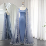 Amozae-nye outfits back to school dress  Blue Cape Sleeve Embroidered Trim Maxi Dress