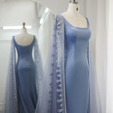 Amozae-nye outfits back to school dress  Blue Cape Sleeve Embroidered Trim Maxi Dress