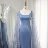 Amozae-nye outfits back to school dress  Blue Cape Sleeve Embroidered Trim Maxi Dress