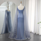 Amozae-nye outfits back to school dress  Blue Cape Sleeve Embroidered Trim Maxi Dress