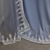 Amozae-nye outfits back to school dress  Blue Cape Sleeve Embroidered Trim Maxi Dress