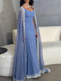 Amozae-nye outfits back to school dress  Blue Cape Sleeve Embroidered Trim Maxi Dress