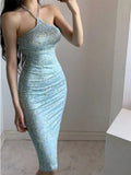 Amozae-nye outfits back to school dress  Blue Floral Bodycon Halter Midi Dress