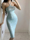 Amozae-nye outfits back to school dress  Blue Floral Bodycon Halter Midi Dress