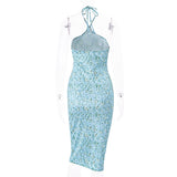 Amozae-nye outfits back to school dress  Blue Floral Bodycon Halter Midi Dress