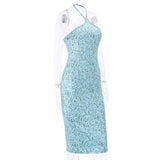 Amozae-nye outfits back to school dress  Blue Floral Bodycon Halter Midi Dress